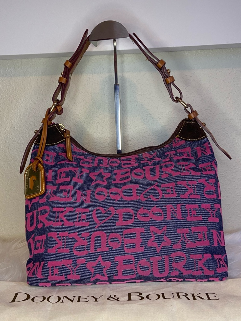Dooney & Bourke Pink and Blue Logo Canvas Shoulder Bag